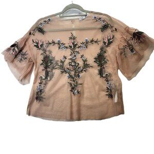 Dex Sheer Embroidered Floral Mesh Blouse Size M